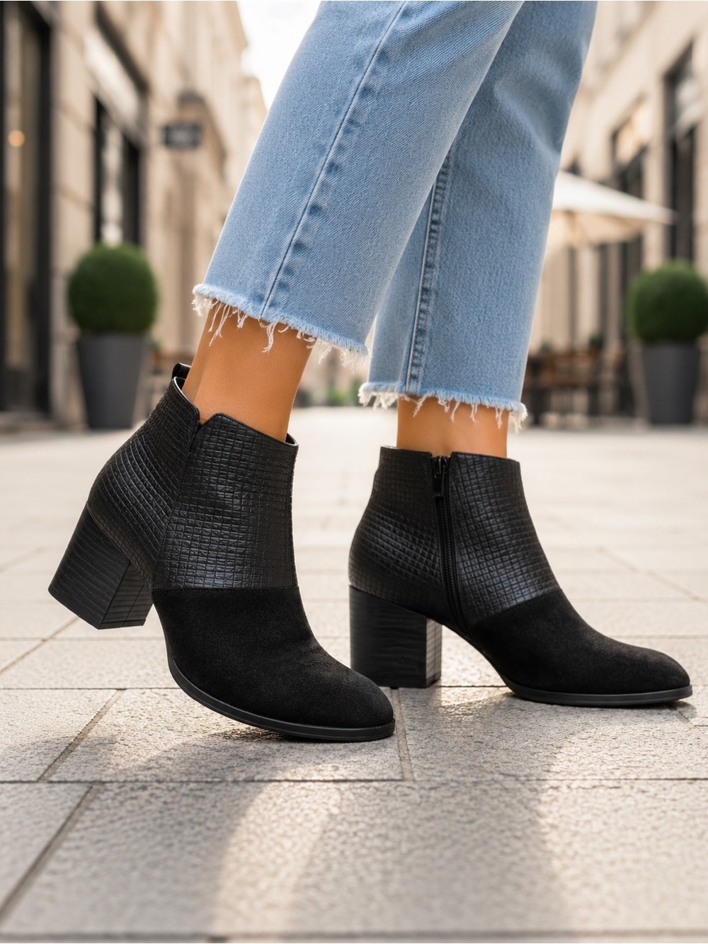 COCLICO Black Oki Suede Textured Leather Ankle Boot Stacked Heel Dark Academia